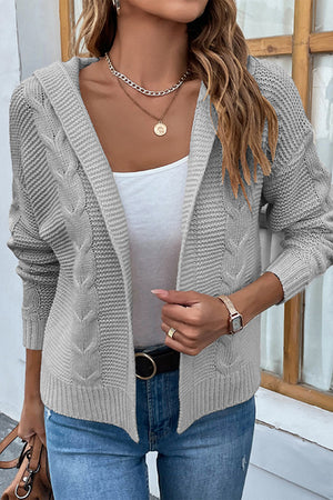 Cable Knit Dropped Shoulder Hooded Hip length Cardigan - 6 colors