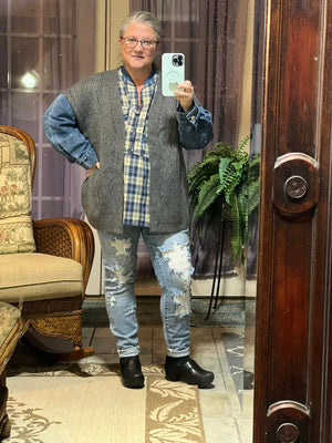 Oversize Sweater Cardigan with Denim Sleeve