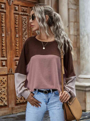 Color Block Waffle-Knit Long Sleeve Top - 3 colors