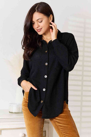 Waffle-Knit Collared Neck Dropped Shoulder Shirt in Black