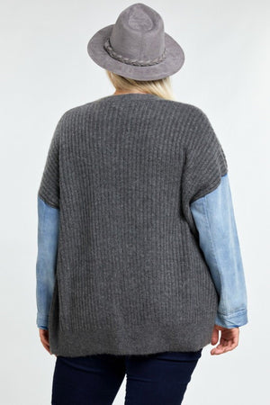 Oversize Sweater Cardigan with Denim Sleeve