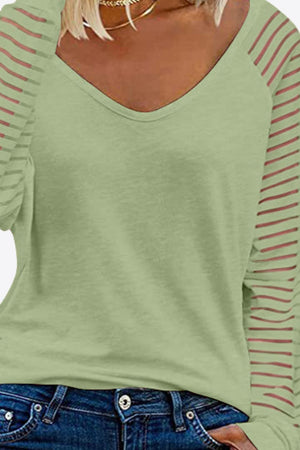 Soft V Neck Long Raglan Striped Sheer Sleeve Top - 9 colors