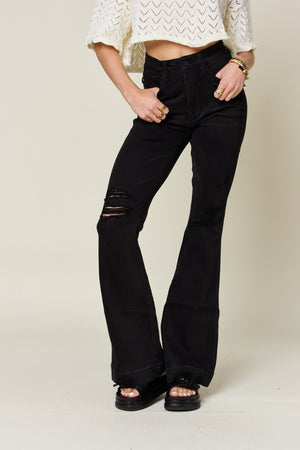 Judy Blue High Waist Tummy Control Distressed Flare Jeans Black TALL