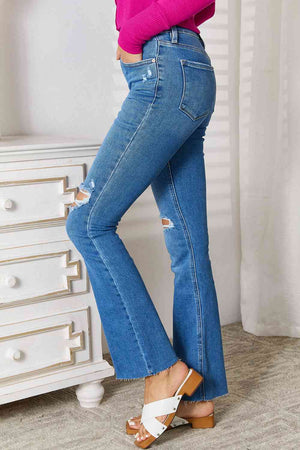 Kancan Mid Rise Distressed Raw Hem Bootcut Jeans