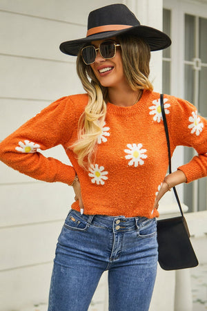 Flower Pattern Round Neck Short Sleeve Pullover Sweater - 6 colors