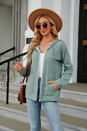 Zip Up Cable Knit Hooded Jacket with Pockets - 9 colors