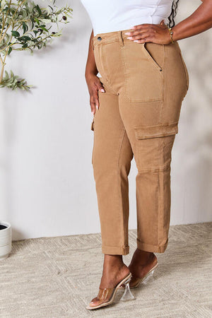 Risen High Waist Straight Leg Cargo Jeans with Pockets