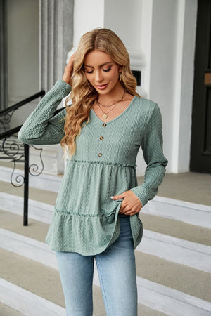 Long Sleeve V Neck Cable Knit Peplum Blouse - 9 colors