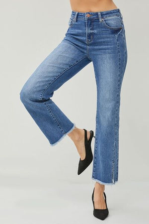 RISEN High Waist Front Seam Raw Hem Slit Straight Leg Jeans