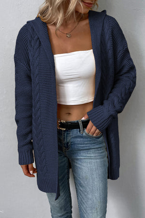 Cable Knit Dropped Shoulder Hooded Thigh length Cardigan - 4 colors