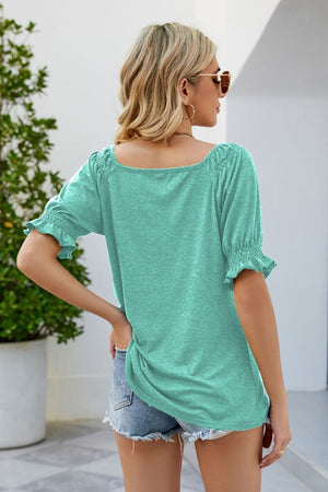 Smocked Short Flounce Sleeve Heathered Top - 10 colors