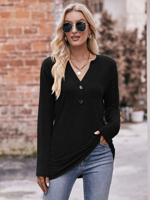 Buttoned Notch Neck Long Sleeve Top - 6 colors