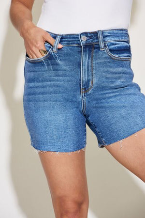 Judy Blue High Waist Med Wash Slim Denim Cutoff Shorts