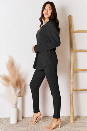 Notched Long Sleeve Top and Pants Set - 3 colors