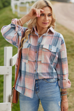 Plaid Flannel Dropped Shoulder Shacket Pink/Blue