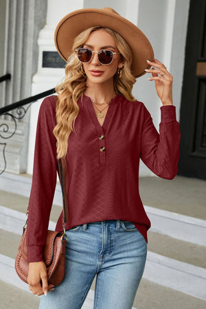 Notched Neck Textured Long Sleeve Buttoned Blouse - 8 colors