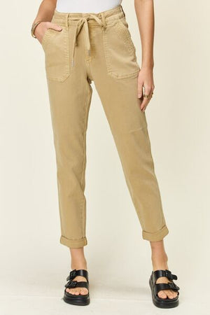 Judy Blue High Waist Garment Dyed Cuffed Jogger Jeans in Khaki