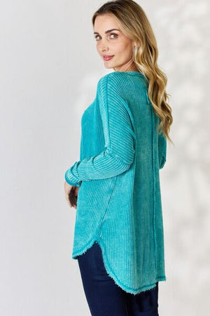 Zenana Oversized Washed Waffle Long Sleeve Top in Light Teal