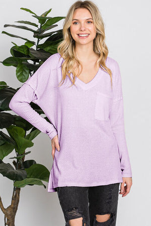 Waffle Knit V-Neck Long Sleeve T-Shirt in Lilac