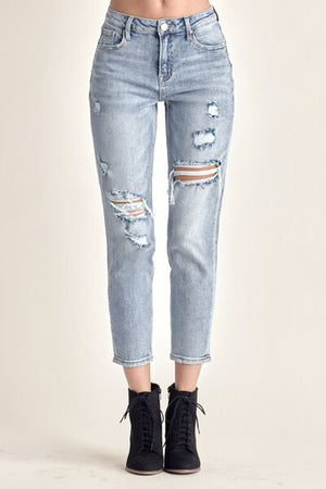 RISEN Mid Rise Distressed Tapered Slim Cropped Light Wash Jeans