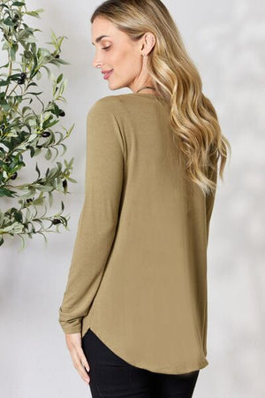 Zenana V Neck Long Sleeve T-Shirt Khaki