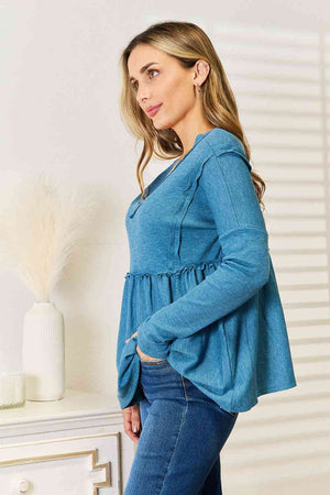 Jade By Jane Frill Trim Babydoll Blouse in Sky Blue