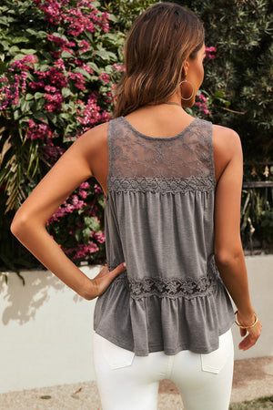 Lace Yoke Peplum Tank Heathered Taupe Grey