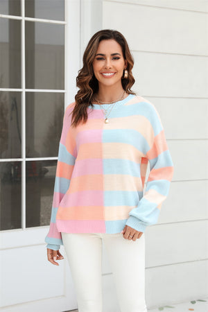 Round Neck Long Sleeve Color Block Dropped Shoulder Pullover Sweater - 3 colors