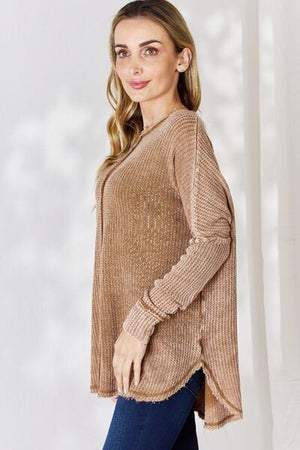 Zenana Oversized Washed Waffle Long Sleeve Top Deep Camel