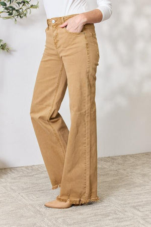 RISEN Hi Rise Fringe Hem Wide Leg Jeans in Mocha