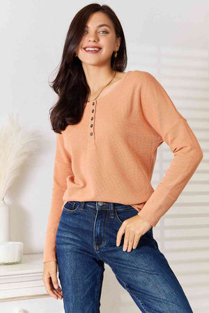 Half Button Long Sleeve Top Pumpkin