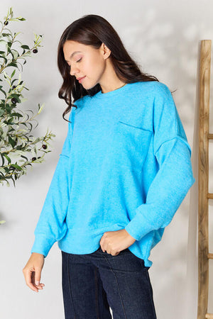 Zenana Round Neck Long Sleeve Sweater with Pocket Deep Sky