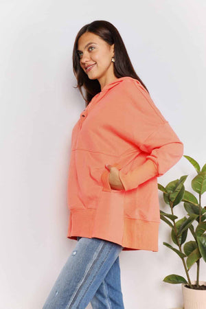 Double Take Quarter-Snap Dropped Shoulder Hoodie Tangerine