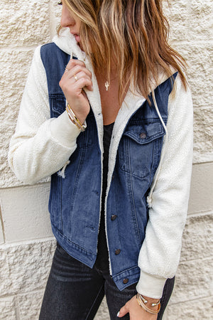 Two-Tone Spliced Denim Sherpa Hooded Jacket - 2 colors