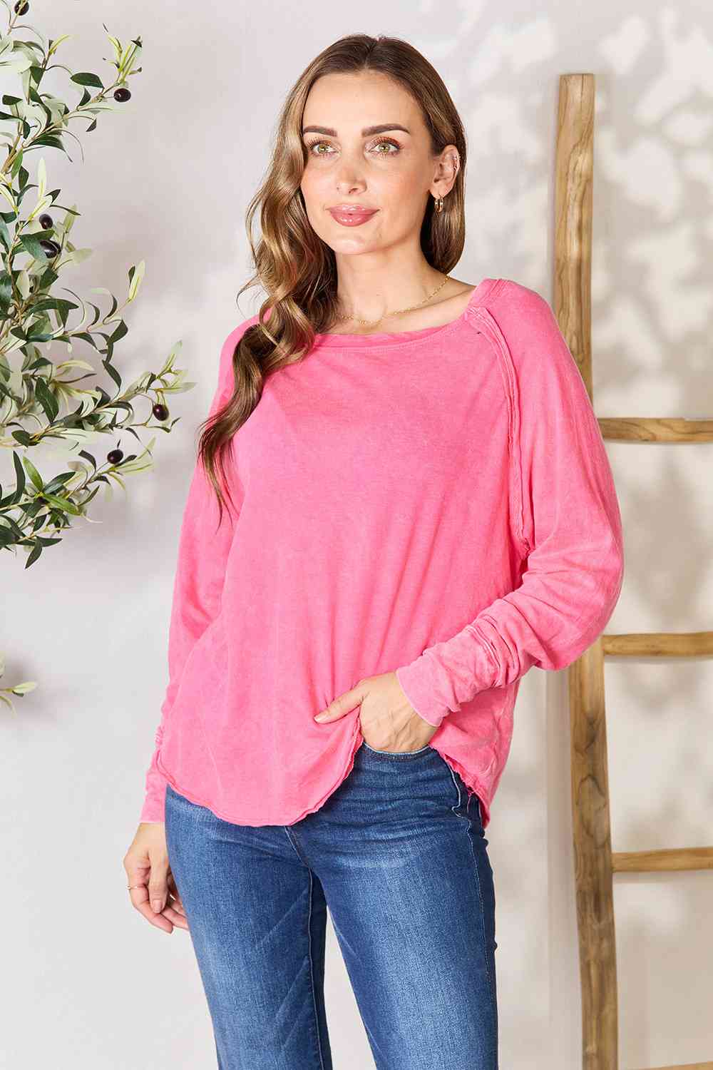 Zenana Round Neck Long Sleeve Top Fuchsia