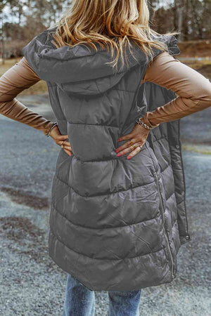 Longline Hooded Sleeveless Puffer Vest - 4 colors