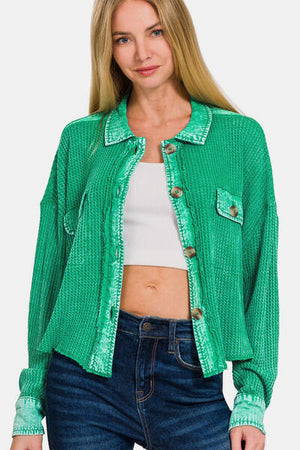 Zenana Waffle-Knit Button Up Dropped Shoulder Jacket Kelly Green