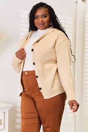 Button-Down Long Sleeve Hooded Sweater in Tan