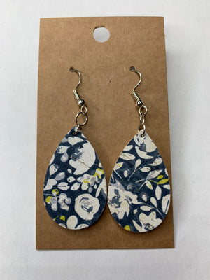 Navy Floral Tear Drop - Leather Earring