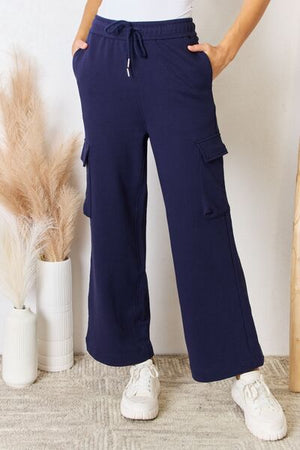 RISEN Drawstring Relaxed Cargo Wide Leg Pants Navy