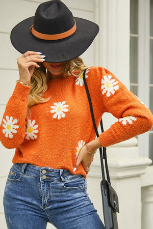 Flower Pattern Round Neck Short Sleeve Pullover Sweater - 6 colors