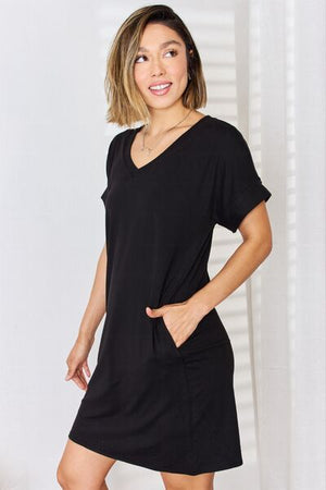 Zenana Rolled Short Sleeve V-Neck Dress