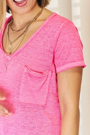 Zenana V-Neck Short Sleeve Slit T-Shirt Fuchsia