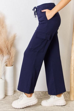 RISEN Drawstring Relaxed Cargo Wide Leg Pants Navy