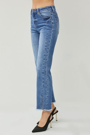 RISEN High Waist Front Seam Raw Hem Slit Straight Leg Jeans