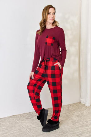 Zenana Plaid Round Neck Top and Pants Pajama Set