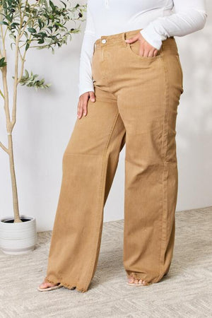 RISEN Hi Rise Fringe Hem Wide Leg Jeans in Mocha