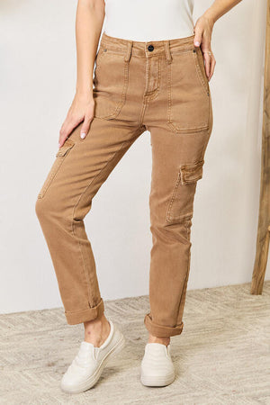 Risen High Waist Straight Leg Cargo Jeans with Pockets