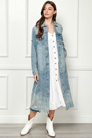 Veveret Distressed Raw Hem Pearl Detail Button Up Jacket