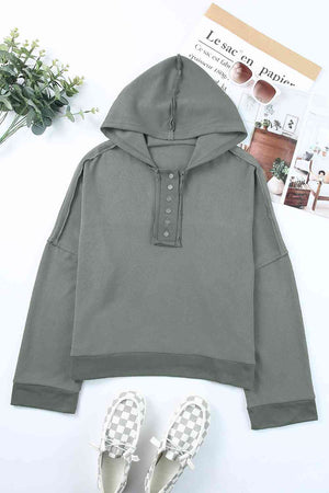 Quarter-Button Exposed Seam Dropped Shoulder Hoodie - 12 colors